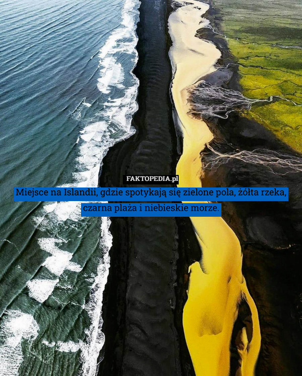 Miejsce na Islandii, gdzie spotykają się zielone pola, żółta rzeka, czarna plaża i niebieskie morze. 