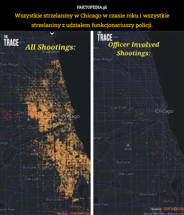 Wszystkie strzelaniny w Chicago w czasie roku i wszystkie strzelaniny z udziałem funkcjonariuszy policji. 