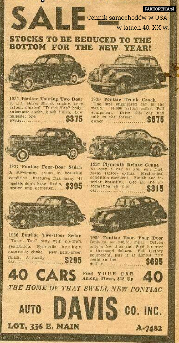 Cennik samochodów w USA     
w latach 40. XX w. 