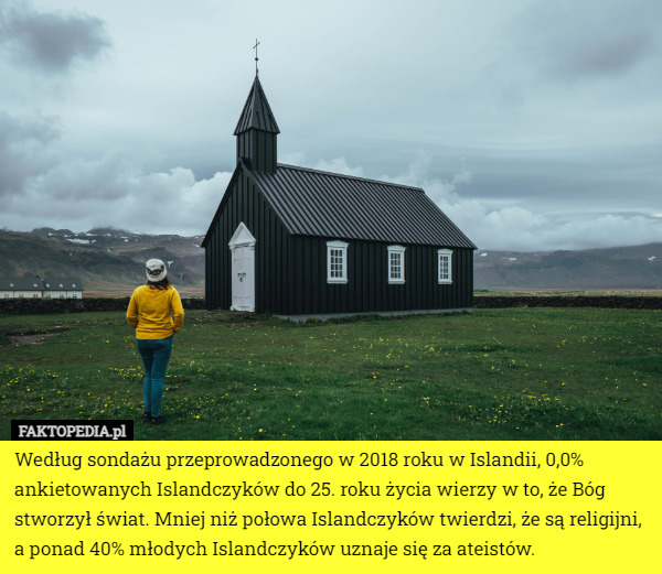 Według sondażu przeprowadzonego w 2018 roku w Islandii, 0,0% ankietowanych Islandczyków do 25. roku życia wierzy w to, że Bóg stworzył świat. Mniej niż połowa Islandczyków twierdzi, że są religijni, a ponad 40% młodych Islandczyków uznaje się za ateistów. 