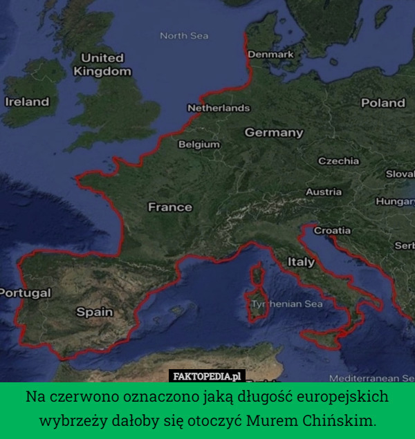 Na czerwono oznaczono jaką długość europejskich wybrzeży dałoby się otoczyć Murem Chińskim. 