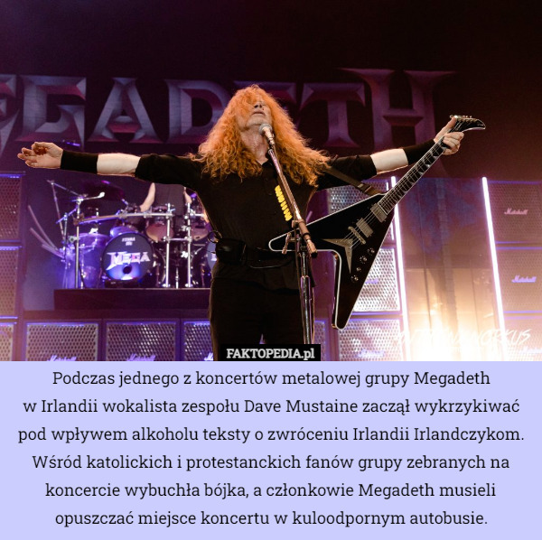 Podczas jednego z koncertów metalowej grupy Megadeth
w Irlandii wokalista zespołu Dave Mustaine zaczął wykrzykiwać pod wpływem alkoholu teksty o zwróceniu Irlandii Irlandczykom. Wśród katolickich i protestanckich fanów grupy zebranych na koncercie wybuchła bójka, a członkowie Megadeth musieli opuszczać miejsce koncertu w kuloodpornym autobusie. 