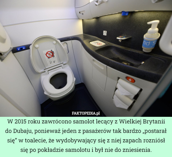 W 2015 roku zawrócono samolot lecący z Wielkiej Brytanii do Dubaju, ponieważ jeden z pasażerów tak bardzo „postarał się” w toalecie, że wydobywający się z niej zapach rozniósł się po pokładzie samolotu i był nie do zniesienia. 