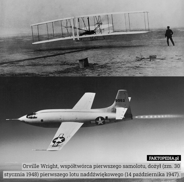 Orville Wright, współtwórca pierwszego samolotu, dożył (zm. 30 stycznia 1948) pierwszego lotu naddźwiękowego (14 października 1947). 