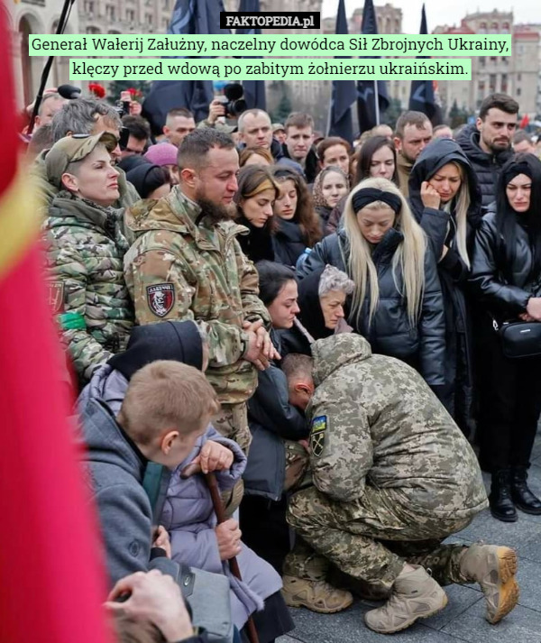 Generał Wałerij Załużny, naczelny dowódca Sił Zbrojnych Ukrainy, klęczy przed wdową po zabitym żołnierzu ukraińskim. 