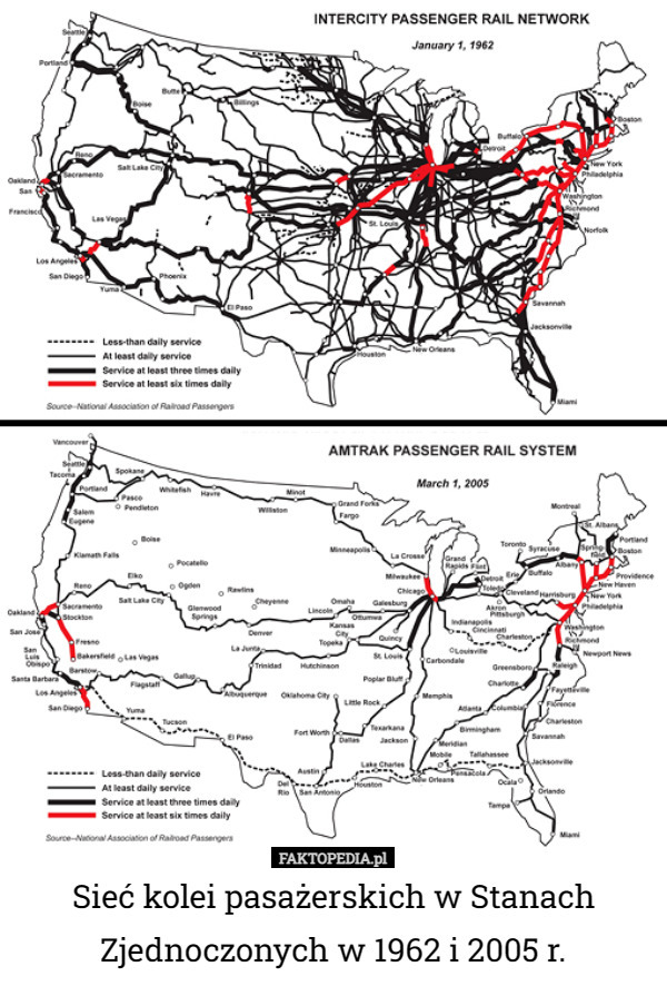 Sieć kolei pasażerskich w Stanach Zjednoczonych w 1962 i 2005 r. 