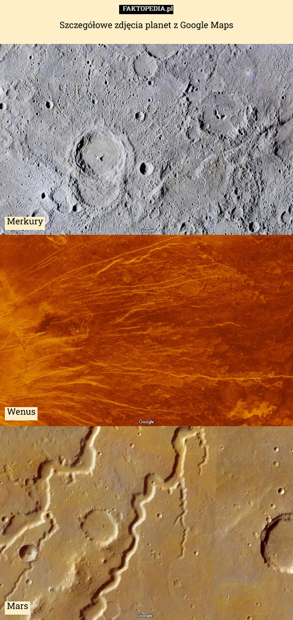 Szczegółowe zdjęcia planet z Google Maps Merkury Wenus Mars 