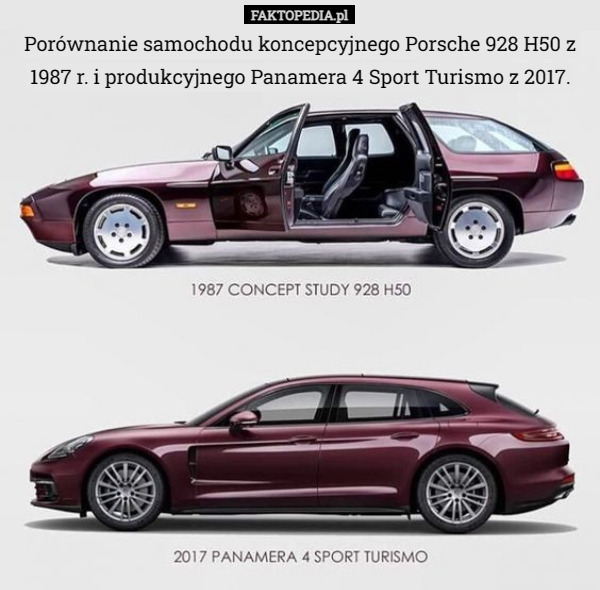 Porównanie samochodu koncepcyjnego Porsche 928 H50 z 1987 r. i produkcyjnego Panamera 4 Sport Turismo z 2017. 