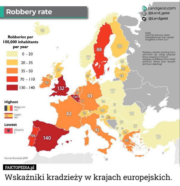 Wskaźniki kradzieży w krajach europejskich. 