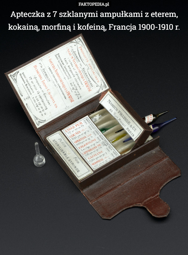 Apteczka z 7 szklanymi ampułkami z eterem, kokainą, morfiną i kofeiną, Francja 1900-1910 r. 