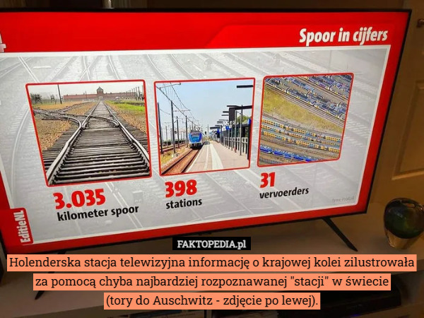 Holenderska stacja telewizyjna informację o krajowej kolei zilustrowała za pomocą chyba najbardziej rozpoznawanej "stacji" w świecie
 (tory do Auschwitz - zdjęcie po lewej). 