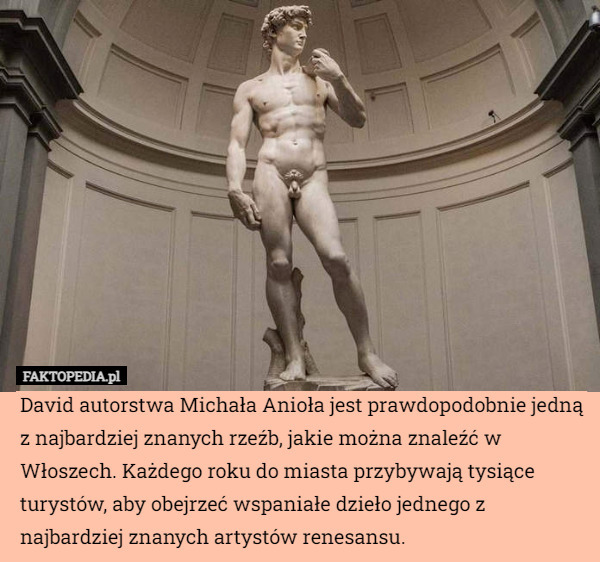 David autorstwa Michała Anioła jest prawdopodobnie jedną z najbardziej znanych rzeźb, jakie można znaleźć w Włoszech. Każdego roku do miasta przybywają tysiące turystów, aby obejrzeć wspaniałe dzieło jednego z najbardziej znanych artystów renesansu. 