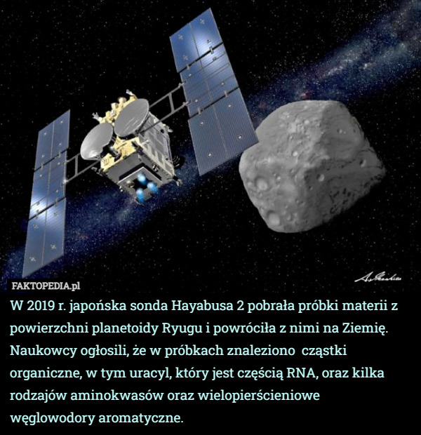 W 2019 r. japońska sonda Hayabusa 2 pobrała próbki materii z powierzchni planetoidy Ryugu i powróciła z nimi na Ziemię. Naukowcy ogłosili, że w próbkach znaleziono  cząstki organiczne, w tym uracyl, który jest częścią RNA, oraz kilka rodzajów aminokwasów oraz wielopierścieniowe
 węglowodory aromatyczne. 