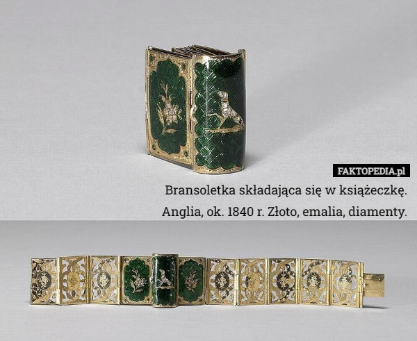 Bransoletka składająca się w książeczkę. Anglia, ok. 1840 r. Złoto, emalia, diamenty. 