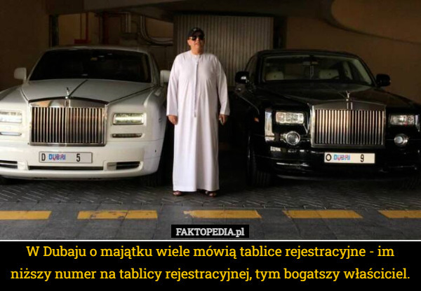 W Dubaju o majątku wiele mówią tablice rejestracyjne - im niższy numer na tablicy rejestracyjnej, tym bogatszy właściciel. 