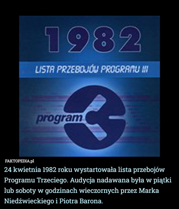 24 kwietnia 1982 roku wystartowała lista przebojów Programu Trzeciego. Audycja nadawana była w piątki lub soboty w godzinach wieczornych przez Marka Niedźwieckiego i Piotra Barona. 