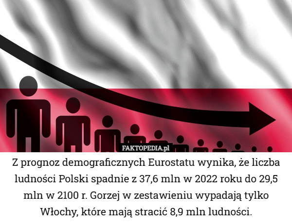 Z prognoz demograficznych Eurostatu wynika, że liczba ludności Polski spadnie z 37,6 mln w 2022 roku do 29,5 mln w 2100 r. Gorzej w zestawieniu wypadają tylko Włochy, które mają stracić 8,9 mln ludności. 