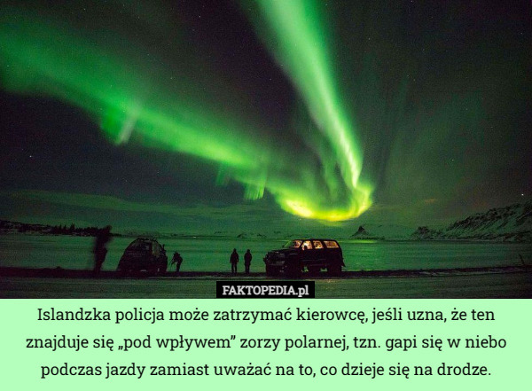 Islandzka policja może zatrzymać kierowcę, jeśli uzna, że ten znajduje się „pod wpływem” zorzy polarnej, tzn. gapi się w niebo podczas jazdy zamiast uważać na to, co dzieje się na drodze. 