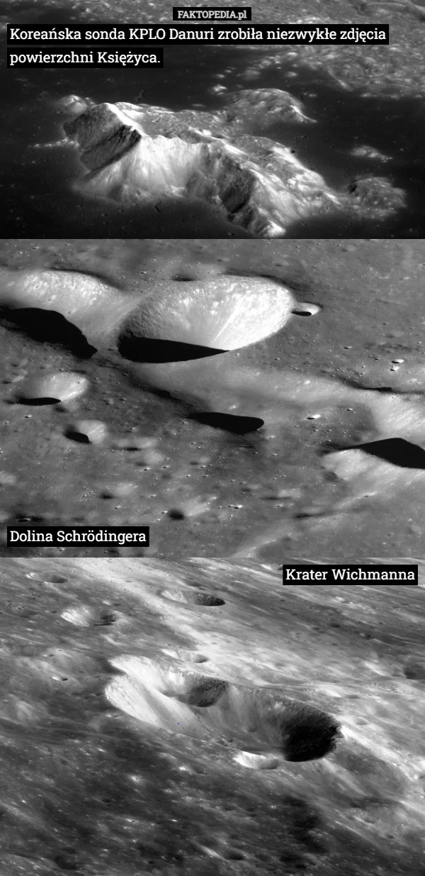 Koreańska sonda KPLO Danuri zrobiła niezwykłe zdjęcia powierzchni Księżyca. Dolina Schrödingera Krater Wichmanna 