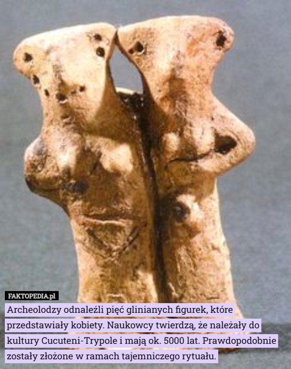 Archeolodzy odnaleźli pięć glinianych figurek, które przedstawiały kobiety. Naukowcy twierdzą, że należały do kultury Cucuteni-Trypole i mają ok. 5000 lat. Prawdopodobnie zostały złożone w ramach tajemniczego rytuału. 