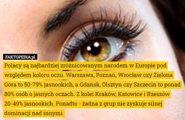 Polacy są najbardziej zróżnicowanym narodem w Europie pod względem koloru oczu. Warszawa, Poznań, Wrocław czy Zielona Góra to 50-79% jasnookich, a Gdańsk, Olsztyn czy Szczecin to ponad 80% osób o jasnych oczach. Z kolei Kraków, Katowice i Rzeszów 20-49% jasnookich. Ponadto - żadna z grup nie zyskuje silnej dominacji nad innymi. 