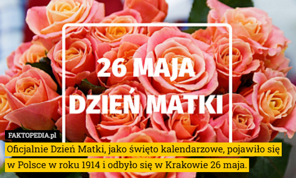 Oficjalnie Dzień Matki, jako święto kalendarzowe, pojawiło się w Polsce w roku 1914 i odbyło się w Krakowie 26 maja. 