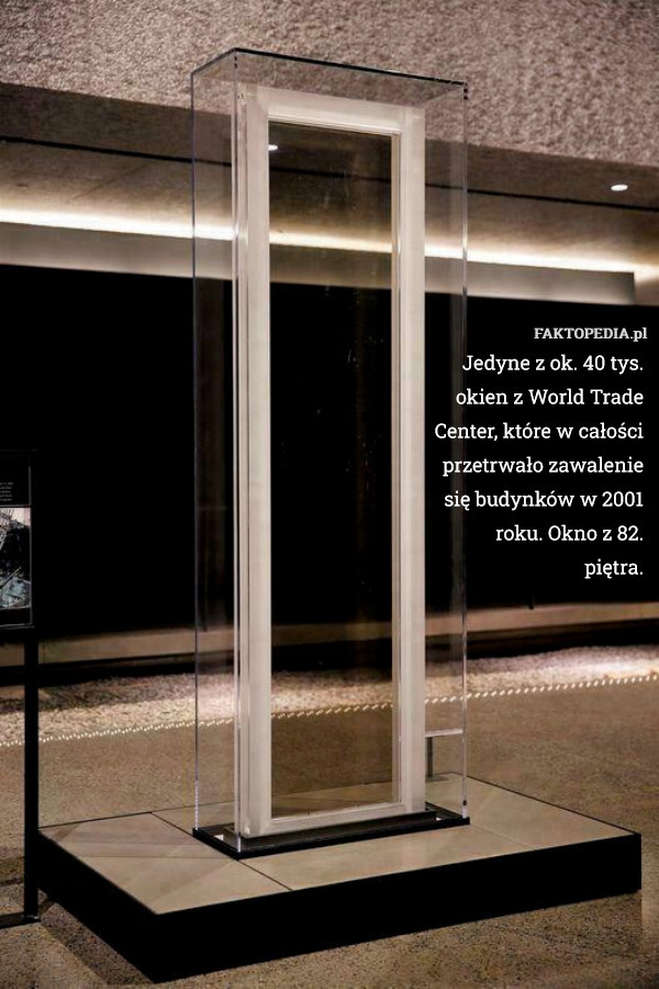 Jedyne z ok. 40 tys. okien z World Trade Center, które w całości przetrwało zawalenie się budynków w 2001 roku. Okno z 82. piętra. 