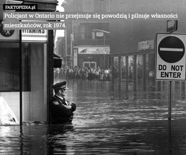 Policjant w Ontario nie przejmuje się powodzią i pilnuje własności mieszkańców, rok 1974. 
