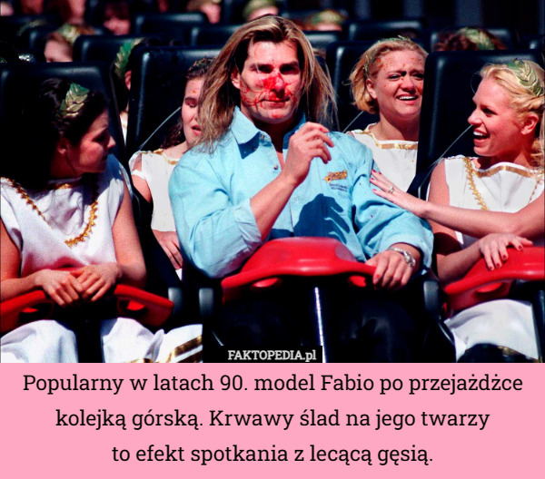 Popularny w latach 90. model Fabio po przejażdżce kolejką górską. Krwawy ślad na jego twarzy
 to efekt spotkania z lecącą gęsią. 