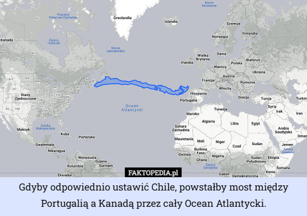 Gdyby odpowiednio ustawić Chile, powstałby most między Portugalią a Kanadą przez cały Ocean Atlantycki. 