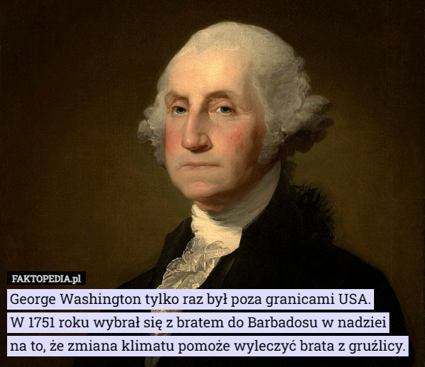 George Washington tylko raz był poza granicami USA.
 W 1751 roku wybrał się z bratem do Barbadosu w nadziei
 na to, że zmiana klimatu pomoże wyleczyć brata z gruźlicy. 