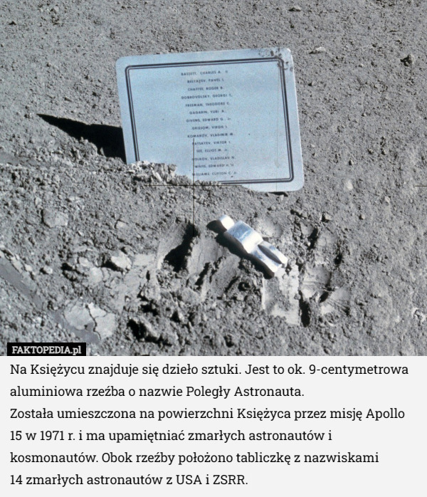 Na Księżycu znajduje się dzieło sztuki. Jest to ok. 9-centymetrowa aluminiowa rzeźba o nazwie Poległy Astronauta.
 Została umieszczona na powierzchni Księżyca przez misję Apollo 15 w 1971 r. i ma upamiętniać zmarłych astronautów i kosmonautów. Obok rzeźby położono tabliczkę z nazwiskami
 14 zmarłych astronautów z USA i ZSRR. 
