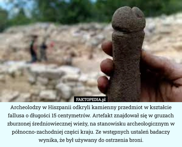 Archeolodzy w Hiszpanii odkryli kamienny przedmiot w kształcie fallusa o długości 15 centymetrów. Artefakt znajdował się w gruzach zburzonej średniowiecznej wieży, na stanowisku archeologicznym w północno-zachodniej części kraju. Ze wstępnych ustaleń badaczy wynika, że był używany do ostrzenia broni. 