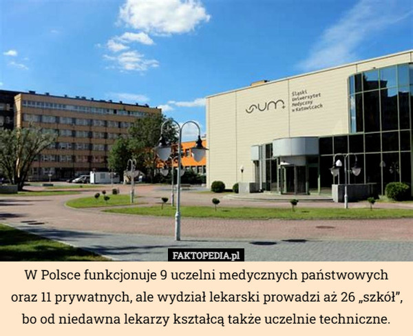 W Polsce funkcjonuje 9 uczelni medycznych państwowych oraz 11 prywatnych, ale wydział lekarski prowadzi aż 26 „szkół”, bo od niedawna lekarzy kształcą także uczelnie techniczne. 