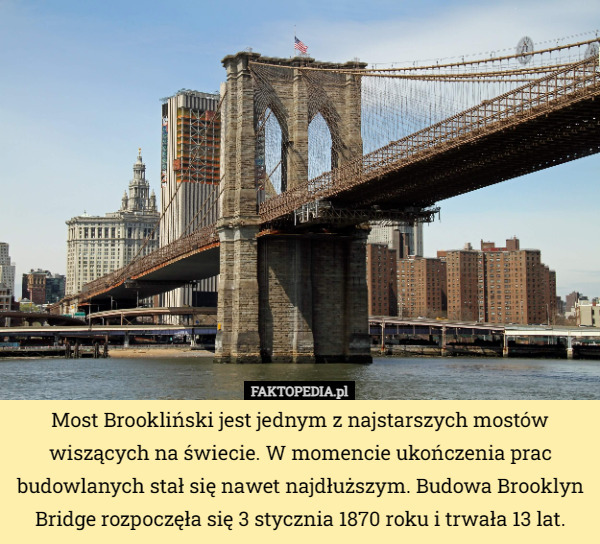 Most Brookliński jest jednym z najstarszych mostów wiszących na świecie. W momencie ukończenia prac budowlanych stał się nawet najdłuższym. Budowa Brooklyn Bridge rozpoczęła się 3 stycznia 1870 roku i trwała 13 lat. 