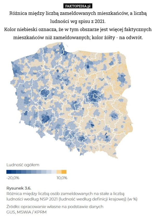 Różnica między liczbą zameldowanych mieszkańców, a liczbą ludności wg spisu z 2021.
Kolor niebieski oznacza, że w tym obszarze jest więcej faktycznych mieszkańców niż zameldowanych; kolor żółty - na odwrót. 