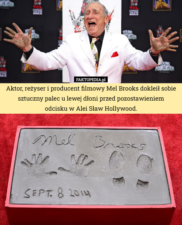 Aktor, reżyser i producent filmowy Mel Brooks dokleił sobie sztuczny palec u lewej dłoni przed pozostawieniem
 odcisku w Alei Sław Hollywood. 