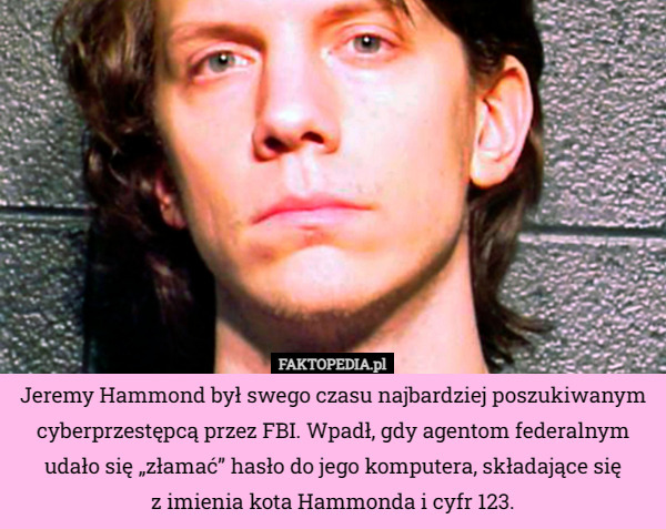 Jeremy Hammond był swego czasu najbardziej poszukiwanym cyberprzestępcą przez FBI. Wpadł, gdy agentom federalnym udało się „złamać” hasło do jego komputera, składające się
z imienia kota Hammonda i cyfr 123. 