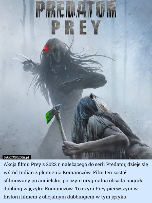 Akcja filmu Prey z 2022 r, należącego do serii Predator, dzieje się wśród Indian z plemienia Komanczów. Film ten został sfilmowany po angielsku, po czym oryginalna obsada nagrała dubbing w języku Komanczów. To czyni Prey pierwszym w historii filmem z oficjalnym dubbingiem w tym języku. 