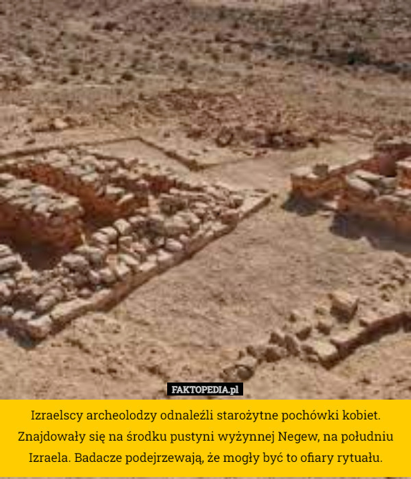 Izraelscy archeolodzy odnaleźli starożytne pochówki kobiet. Znajdowały się na środku pustyni wyżynnej Negew, na południu Izraela. Badacze podejrzewają, że mogły być to ofiary rytuału. 