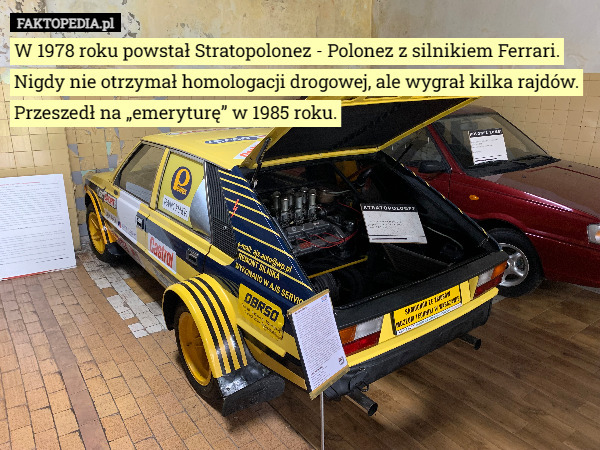 W 1978 roku powstał Stratopolonez - Polonez z silnikiem Ferrari. Nigdy nie otrzymał homologacji drogowej, ale wygrał kilka rajdów. Przeszedł na „emeryturę” w 1985 roku. 
