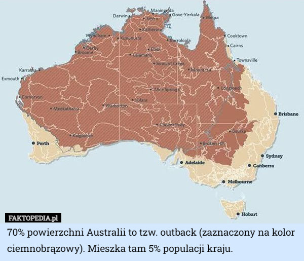 70% powierzchni Australii to tzw. outback (zaznaczony na kolor ciemnobrązowy). Mieszka tam 5% populacji kraju. 