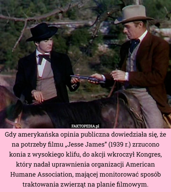 Gdy amerykańska opinia publiczna dowiedziała się, że na potrzeby filmu „Jesse James” (1939 r.) zrzucono konia z wysokiego klifu, do akcji wkroczył Kongres, który nadał uprawnienia organizacji American Humane Association, mającej monitorować sposób traktowania zwierząt na planie filmowym. 