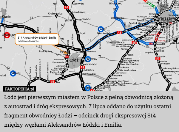 Łódź jest pierwszym miastem w Polsce z pełną obwodnicą złożoną z autostrad i dróg ekspresowych. 7 lipca oddano do użytku ostatni fragment obwodnicy Łodzi – odcinek drogi ekspresowej S14 między węzłami Aleksandrów Łódzki i Emilia. 