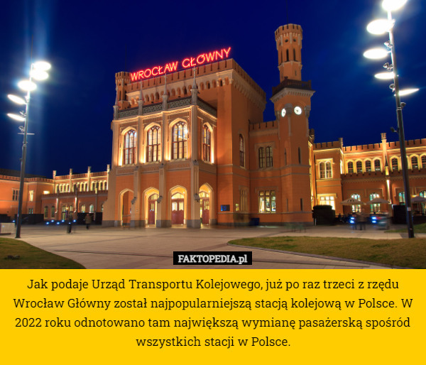 Jak podaje Urząd Transportu Kolejowego, już po raz trzeci z rzędu Wrocław Główny został najpopularniejszą stacją kolejową w Polsce. W 2022 roku odnotowano tam największą wymianę pasażerską spośród wszystkich stacji w Polsce. 