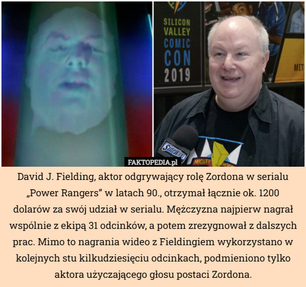 David J. Fielding, aktor odgrywający rolę Zordona w serialu „Power Rangers” w latach 90., otrzymał łącznie ok. 1200 dolarów za swój udział w serialu. Mężczyzna najpierw nagrał wspólnie z ekipą 31 odcinków, a potem zrezygnował z dalszych prac. Mimo to nagrania wideo z Fieldingiem wykorzystano w kolejnych stu kilkudziesięciu odcinkach, podmieniono tylko aktora użyczającego głosu postaci Zordona. 