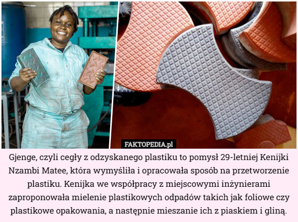 Gjenge, czyli cegły z odzyskanego plastiku to pomysł 29-letniej Kenijki Nzambi Matee, która wymyśliła i opracowała sposób na przetworzenie plastiku. Kenijka we współpracy z miejscowymi inżynierami zaproponowała mielenie plastikowych odpadów takich jak foliowe czy plastikowe opakowania, a następnie mieszanie ich z piaskiem i gliną. 