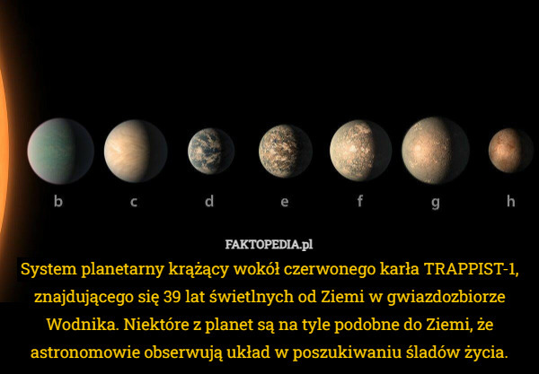 System planetarny krążący wokół czerwonego karła TRAPPIST-1, znajdującego się 39 lat świetlnych od Ziemi w gwiazdozbiorze Wodnika. Niektóre z planet są na tyle podobne do Ziemi, że astronomowie obserwują układ w poszukiwaniu śladów życia. 