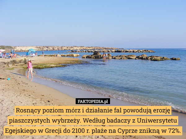 Rosnący poziom mórz i działanie fal powodują erozję piaszczystych wybrzeży. Według badaczy z Uniwersytetu Egejskiego w Grecji do 2100 r. plaże na Cyprze znikną w 72%. 