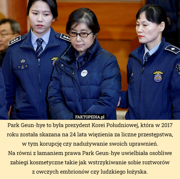 Park Geun-hye to była prezydent Korei Południowej, która w 2017 roku została skazana na 24 lata więzienia za liczne przestępstwa, w tym korupcję czy nadużywanie swoich uprawnień.
 Na równi z łamaniem prawa Park Geun-hye uwielbiała osobliwe zabiegi kosmetyczne takie jak wstrzykiwanie sobie roztworów
 z owczych embrionów czy ludzkiego łożyska. 